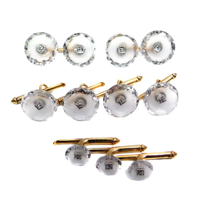 Early 20th century rock crystal and diamond gentleman's dress set, comprising pair of cufflinks, four buttons and three studs